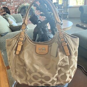 Coach Madison OP ART SATEEN MAGGIE SHOULDER BAG Beige Signature Shoulder Bag